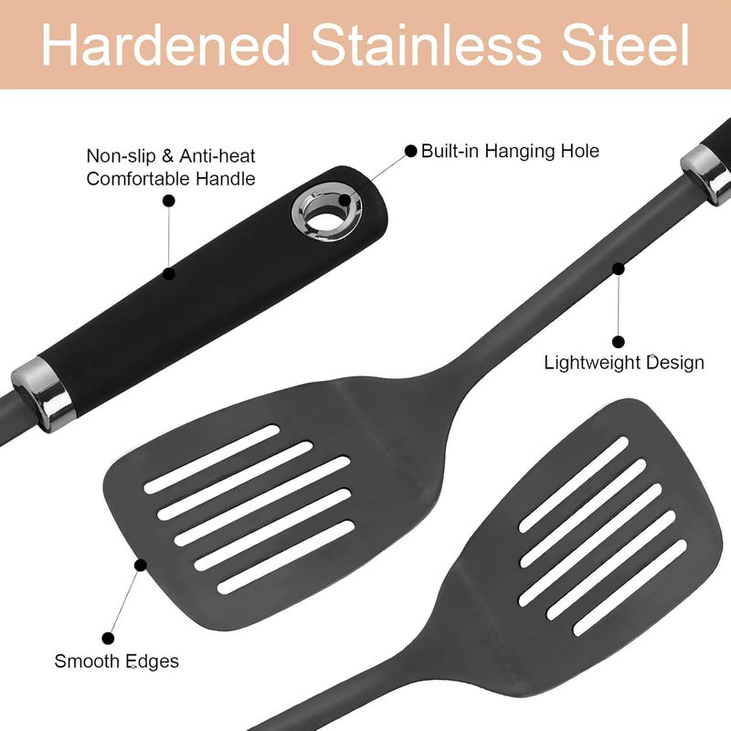 JXWING 3-Piece Cooking Utensils Set Stainless Steel Large Serving Spoons Set Slotted Spoon Spatula Turner Skimmer Commercial and Residential Use Dishwasher Safe, Black - Image 2